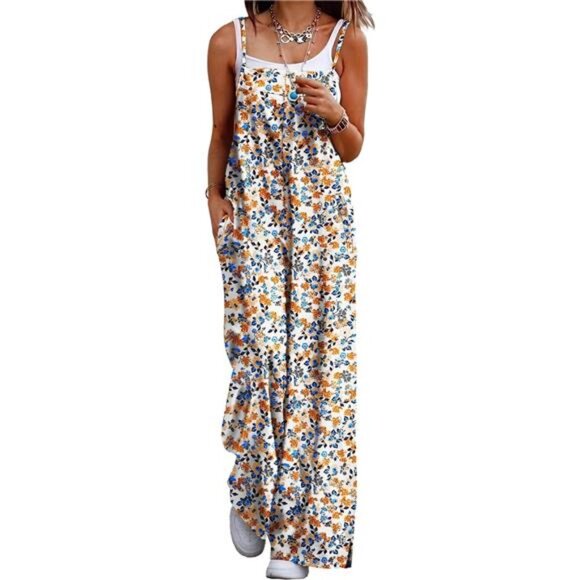 Women's Summer Boho Casual‎ Jumpsuits Wide Leg Overalls Floral Print Baggy Dress - Picture 1 of 4